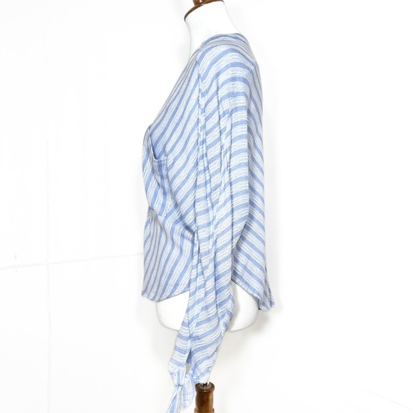Free People Tie Sleeve Blue White Pinstripe V Neck Dolman Long Sleeve Top - Picture 7 of 16